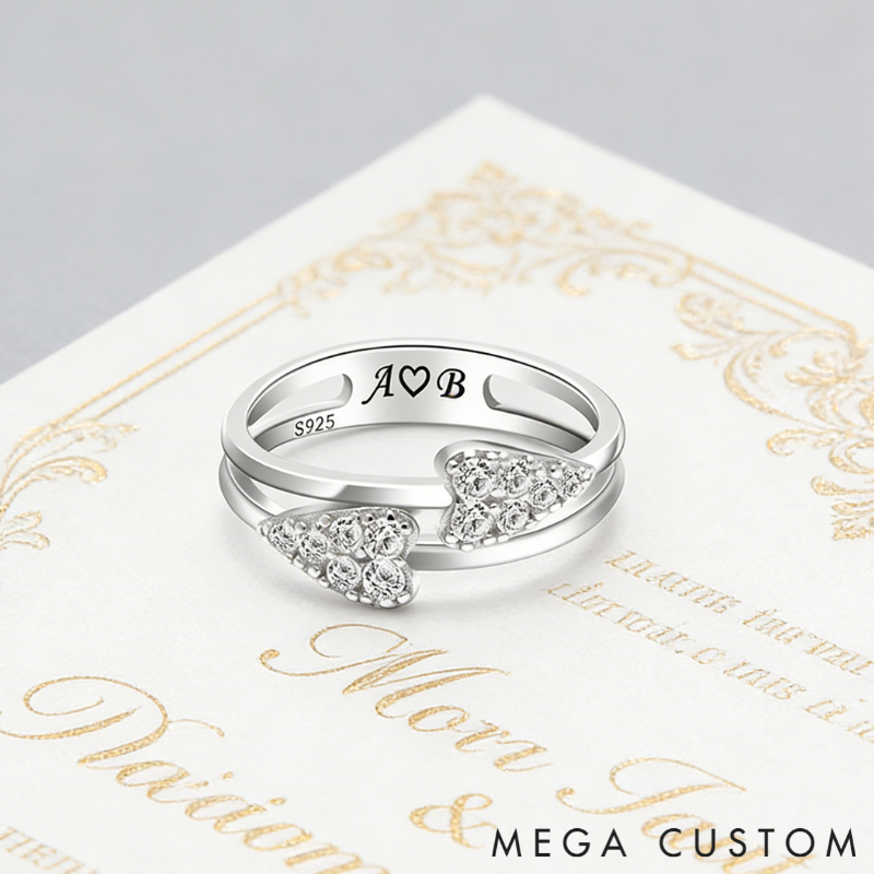 Personalized Sterling Silver Double Heart Ring – Custom Initials, Name, and Birthstone Romantic Jewelry