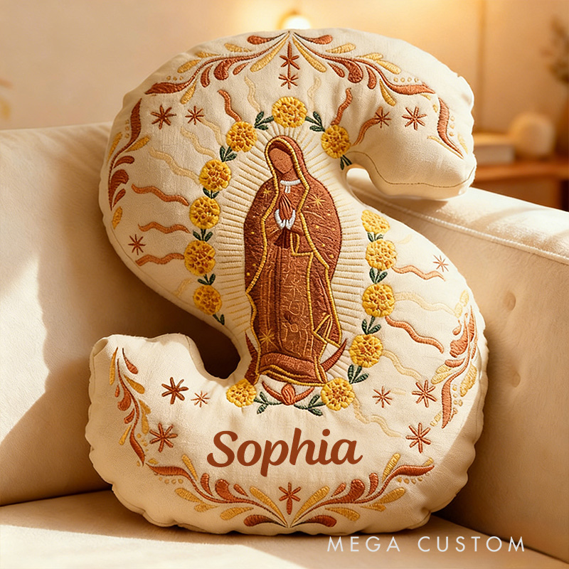 Personalized Our Lady of Guadalupe Marigold Letter Pillow with Custom Name Home Decor Religious Gift Catholic Gift for Women Graphic 3D Print