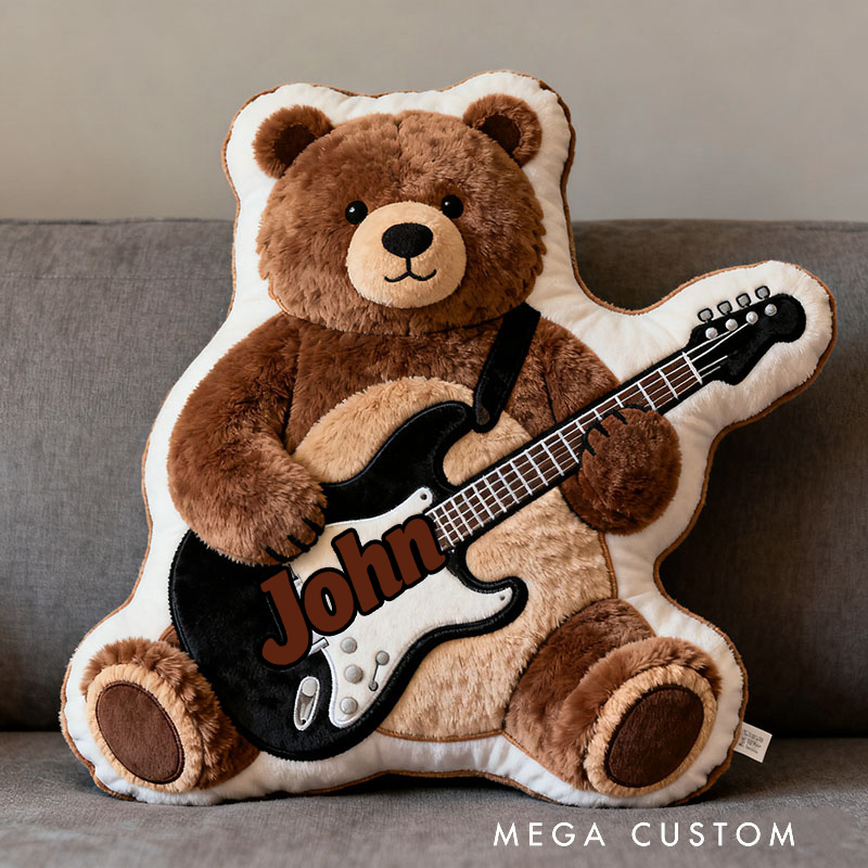 Personalized Graphic 3D Print Brown Bear & Electric Guitar Pillow With Your Own Name Soft Stuffed Toy for Kids Unique Decorative Cushion for Boys' Room and Playroom