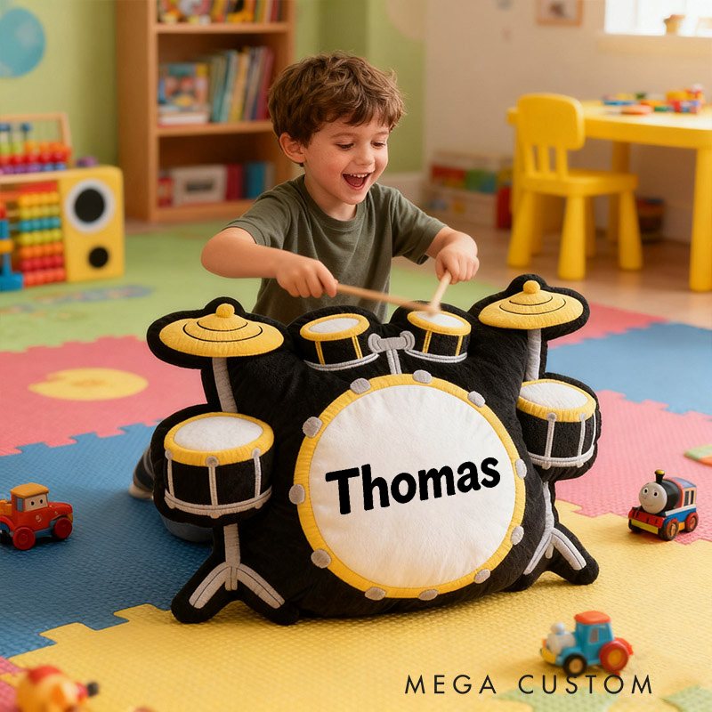 Personalized Graphic 3D Print Drum Set Pillow With Your Own Name Soft Stuffed Toy for Kids Unique Decorative Cushion for Boys' Room and Music Room