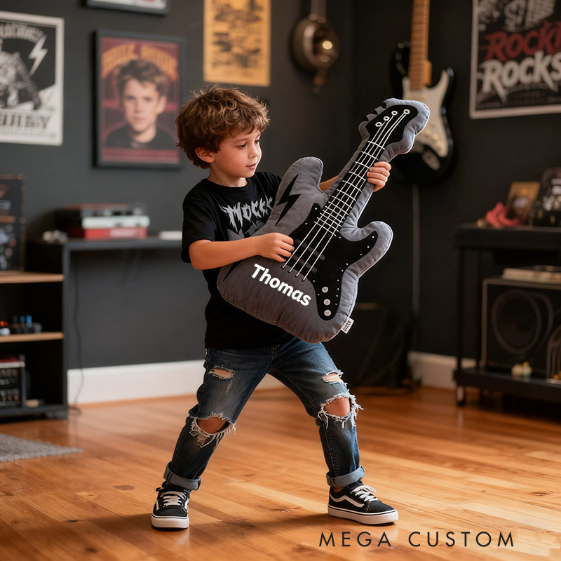 Personalized Graphic 3D Print Electric Guitar Pillow With Your Own Name Soft Stuffed Toy for Rock Music Lovers Unique Decorative Cushion for Boys' Room and Music Room