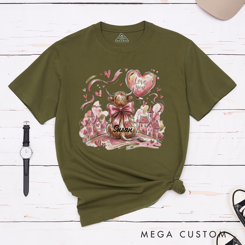Personalized Pet Lover Valentine Highland Cow T-Shirt