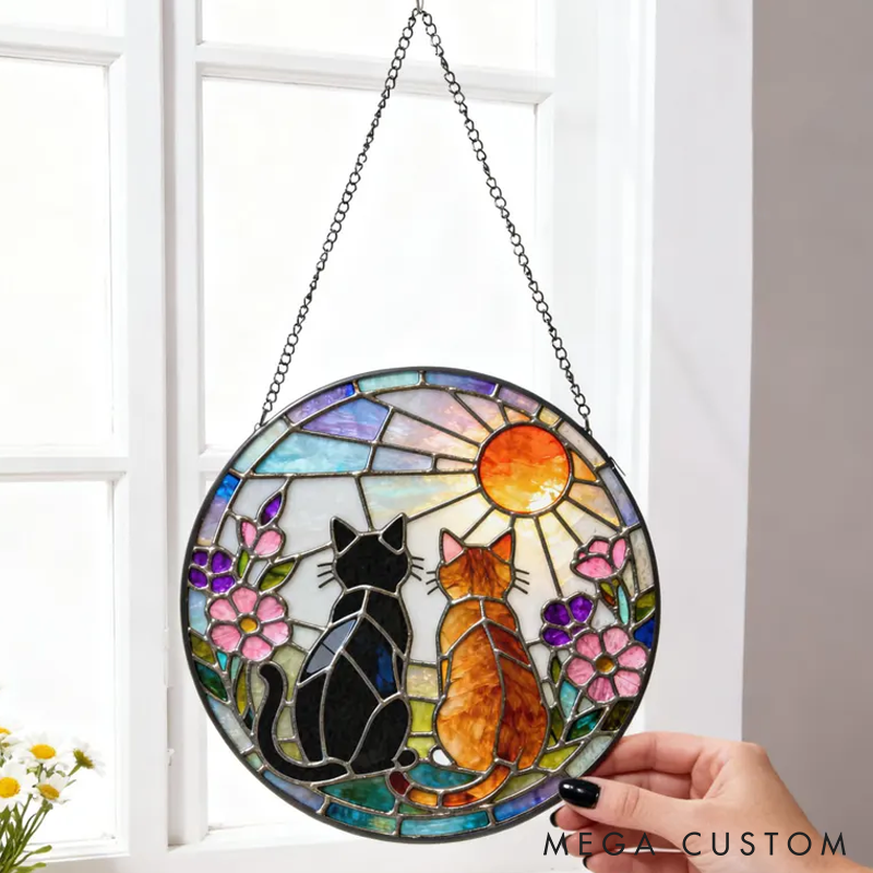 Personalized Cat Lover Charming Black Orange Cat Couple Sun Catcher