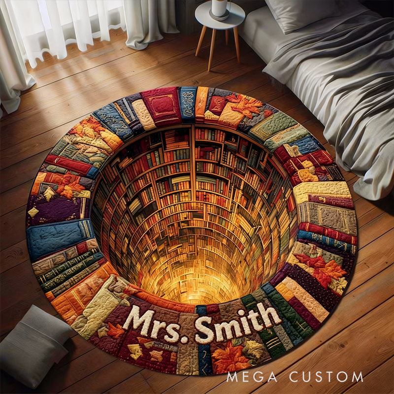 Personalized Library 3D Round Rug Custom Name Trippy Hole Carpet Colorful Illusion Floor Mat Gift for Teachers and Office Decor