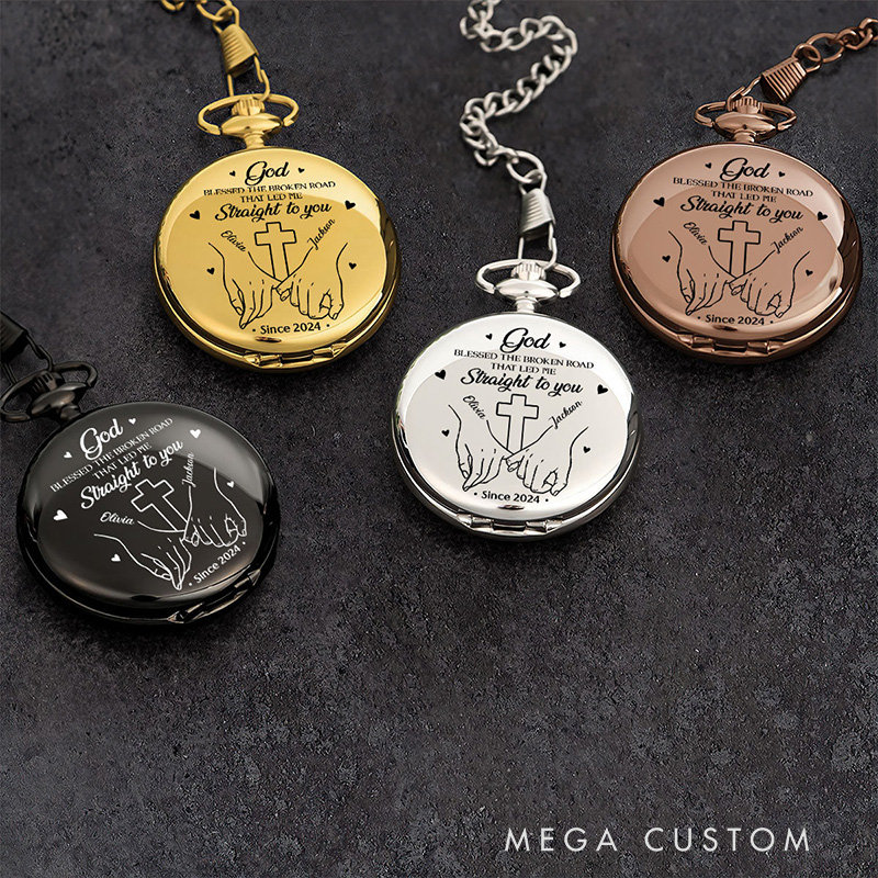 Personalized God Blessed the Broken Road that Led me Straight to you Pocket Watch with Custom Name Cross Pocket Watch Religious Gift for Couple Valentine's Day Gift