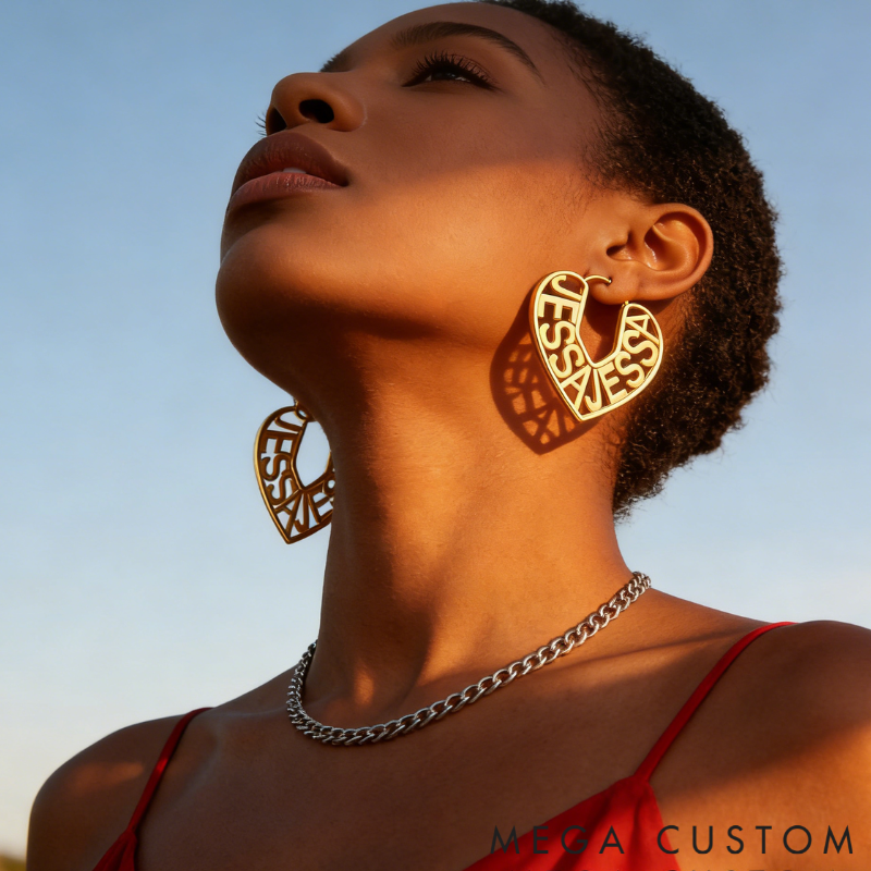 Personalized Custom Name Engraved Heart Outline Dangle Earrings