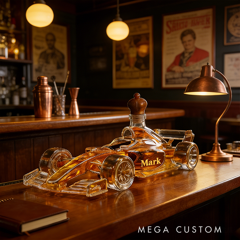 Personalized Racecar Whiskey Decanter Custom Name Glass Car Bottle Gift for Racing and Whiskey Lovers