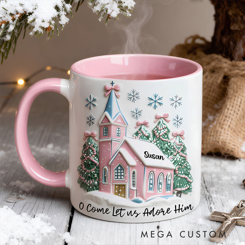 Personalized Come Let us Adore him Ceramic Mug with Name Religious Inspirational Gift Christian Gift Christmas Gift for Women and Girls