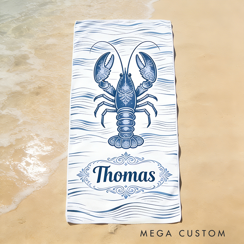Personalized Custom Ocean Animal Beach Towel - Personalized lobster Monogrammed Beach Towel for Kids & Adults, Quick-Dry Beach Pool Towel with Coastal Wave Design
