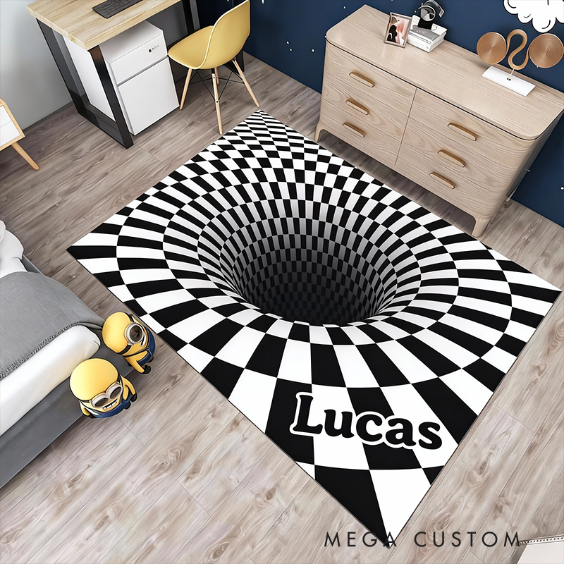 Personalized Race Track 3D Checkered Rug Custom Name Trippy Hole Carpet Racing Style Floor Mat for Racers Room and Racing Enthusiasts