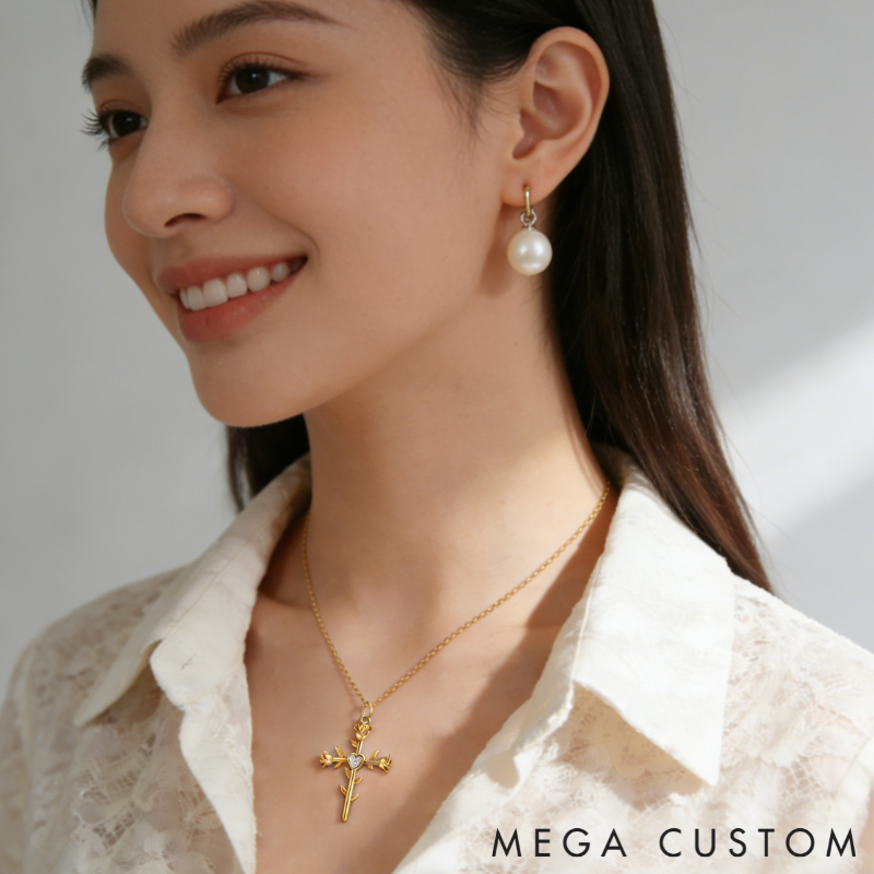 Personalized Sterling Silver Double Sided Cross with Rose Name and Birthstone Engraved Necklace