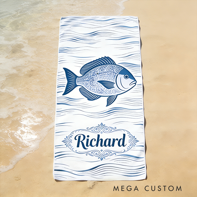 Personalized Custom Fish Design Beach Towel - Personalized Monogrammed Coastal Wave Beach Towel, Quick-Dry Absorbent Pool Towel for Summer