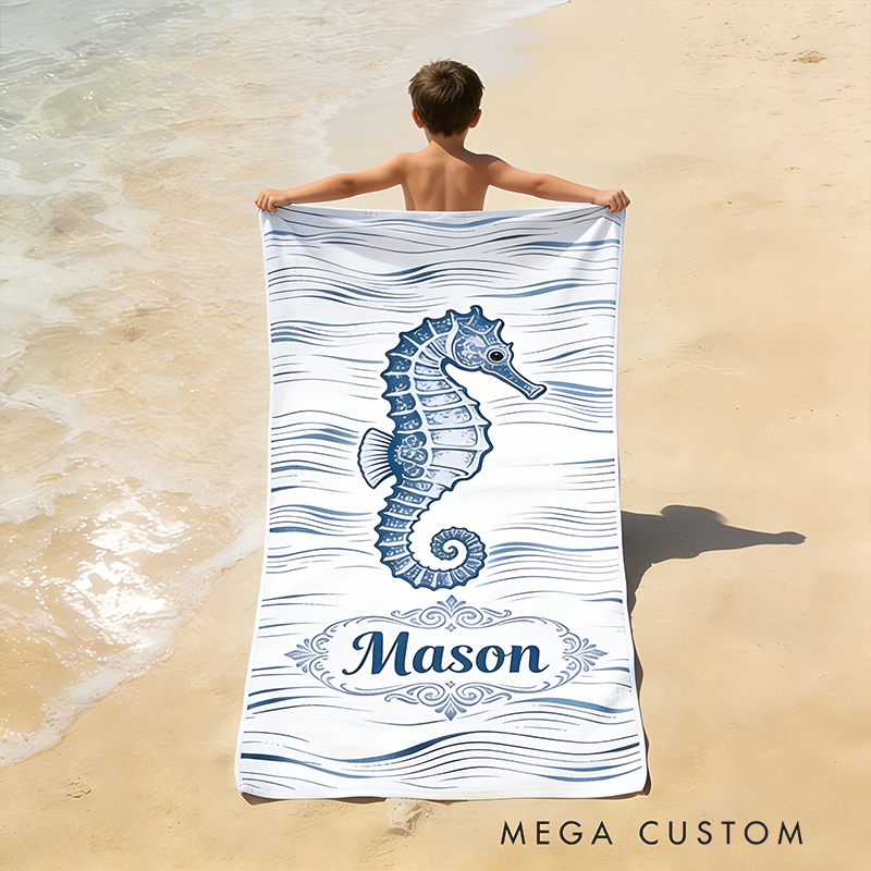 Personalized Custom Seahorse Beach Towel - Personalized Monogrammed Coastal Wave Towel, Quick-Dry Absorbent Pool/Beach Towel