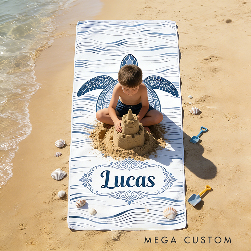 Personalized Custom Ocean Animal Beach Towel - Personalized sea ​​turtle Monogrammed Beach Towel for Kids & Adults, Quick-Dry Beach Pool Towel with Coastal Wave Design