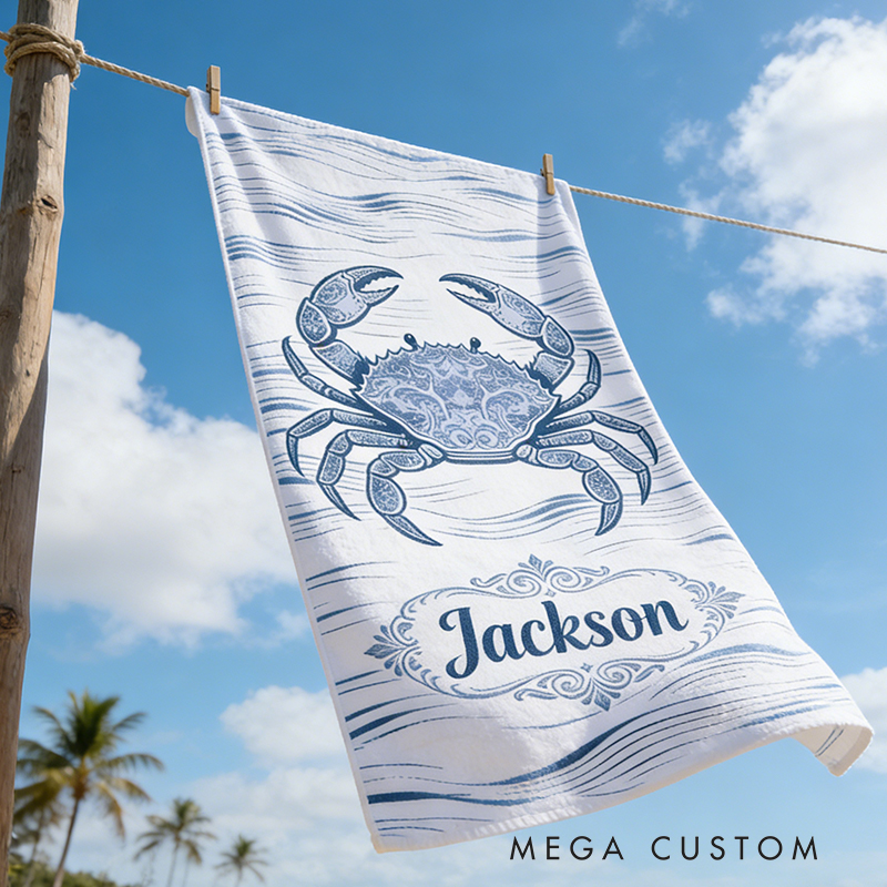 Personalized Custom Ocean Animal Beach Towel - Personalized Crab Monogrammed Beach Towel for Kids & Adults, Quick-Dry Beach Pool Towel with Coastal Wave Design