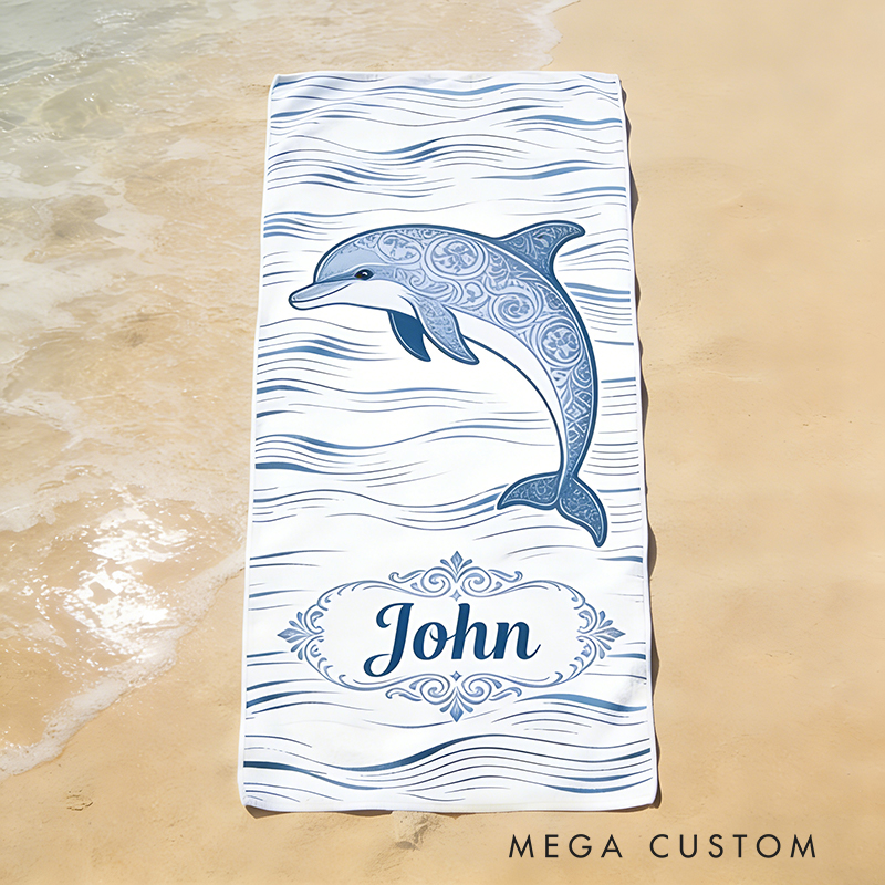Personalized Custom Ocean Animal Beach Towel - Personalized dolphin Monogrammed Beach Towel for Kids & Adults, Quick-Dry Beach Pool Towel with Coastal Wave Design