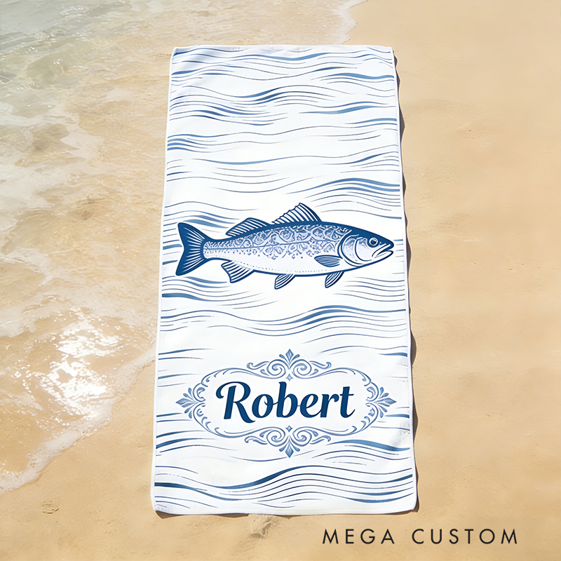 Personalized Custom Ocean Animal Beach Towel - Personalized Striped Bass Monogrammed Beach Towel for Kids & Adults, Quick-Dry Beach Pool Towel with Coastal Wave Design