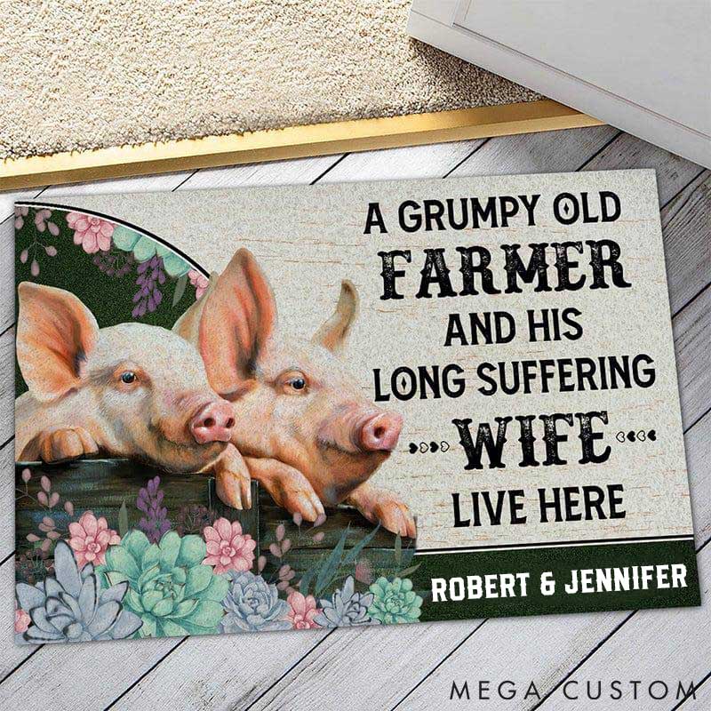 Personalized Piggy Farmer Couple Doormat Grumpy Farmer and Long-Suffering Wife Couple Farm Door Mat Couple Piggy Love Mat 