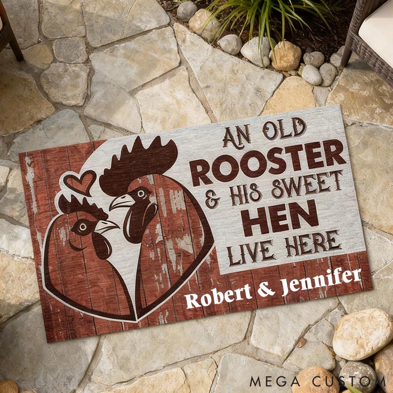 Personalized Name Chicken Couple Doormat Rooster And Hen Live Here Doormat Couple Funny Gift Chicken Couple Doormat 