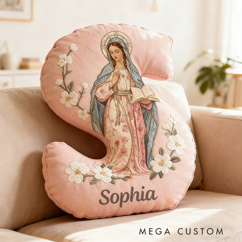 Personalized Virgin Mary Floral Letter Pillow with Custom Name Catholic Home Decor Religious Gift for Her Blessed Faith Gift Graphic 3D Print Pillow