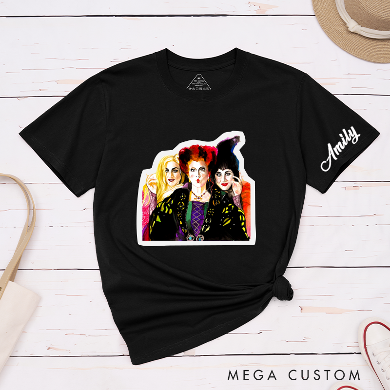 Personalized Vintage Witches Illustration Classic T-Shirts Unique Halloween Costume Gift for Men Women Friends Custom Name Magical Group Artwork Tee