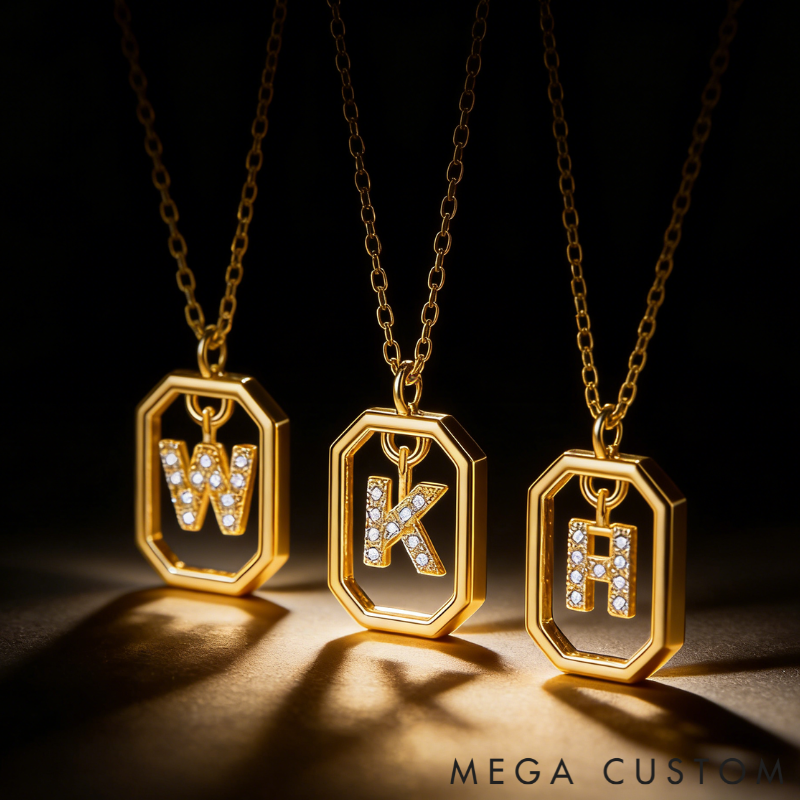 Personalized Sterling Silver 26 Letter Alphabet Octagon Framed Necklace with Custom Letter Choice