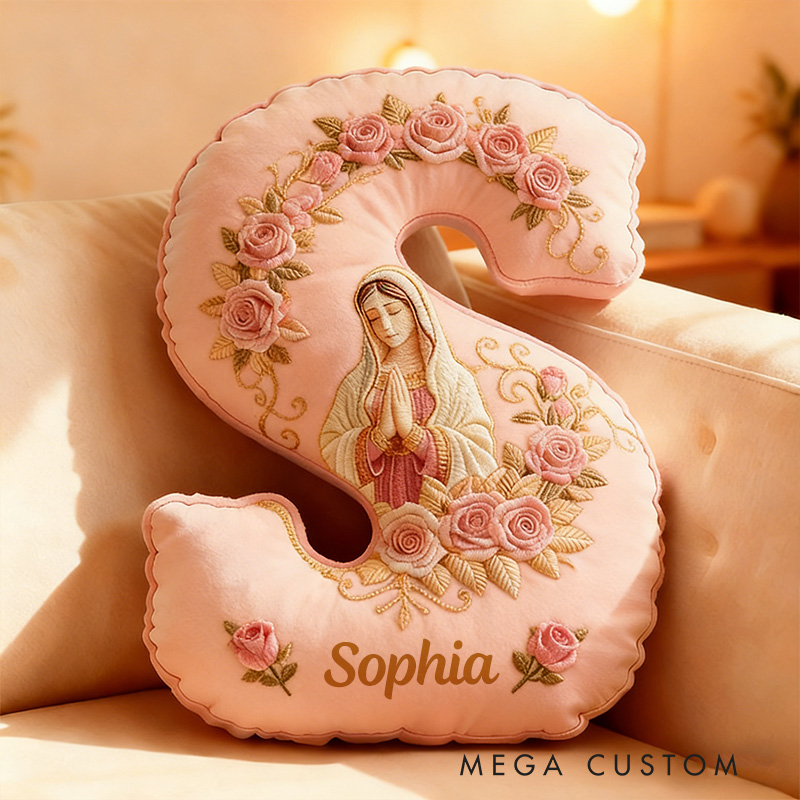 Personalized Virgin Mary Rose Pink Letter Pillow with Custom Name Graphic 3D Print Pillow Religious Home Decor Catholic Gift for Women