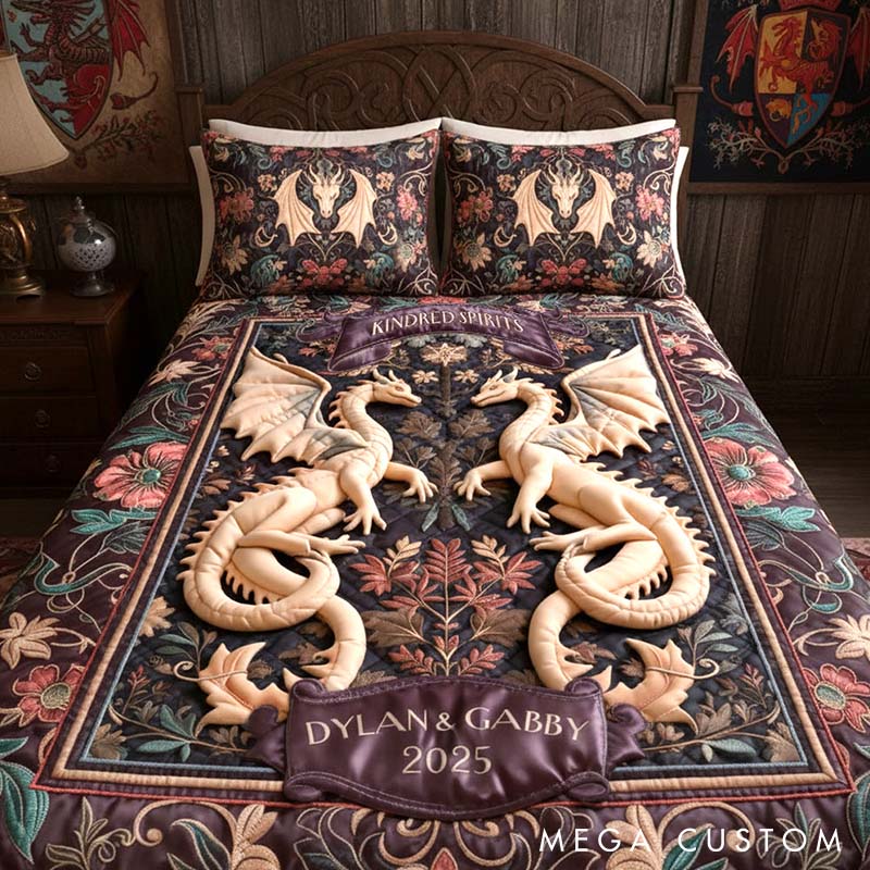 Personalized Couple Folk Medieval Dragon Bed Set Custom Kindred Spirits Graphic 3D Printed Bedding Decor with Name Anniversary Valentines Day Gift