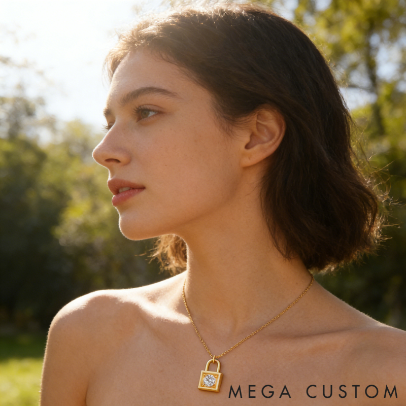 Personalized sterling silver lock necklace – customizable with engraving and a birthstone pendant.