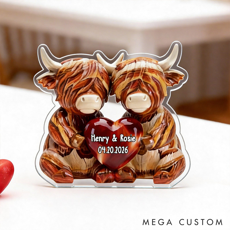 Personalized Highland Cow Couple with Heart Acrylic Plaque Custom Faux Wood Plaque with Name Anniversary Gift for Him Her Valentines Day Gift