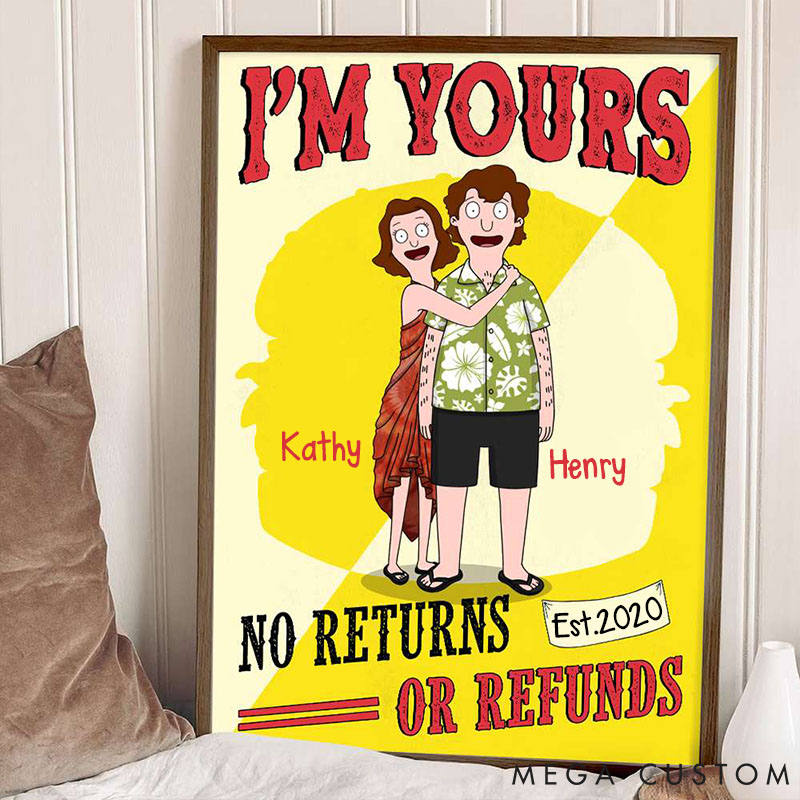 Personalized Gifts for Couple Canvas Print I'm Yours Custom Cartoon Couple Poster No Returns or Refunds Couple Valentines Gift