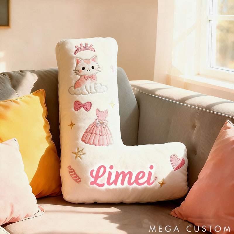 Personalized Cat Lover Princess Dress Letter Pillow with Custom Name Pillow for Kid Graphic 3D Print