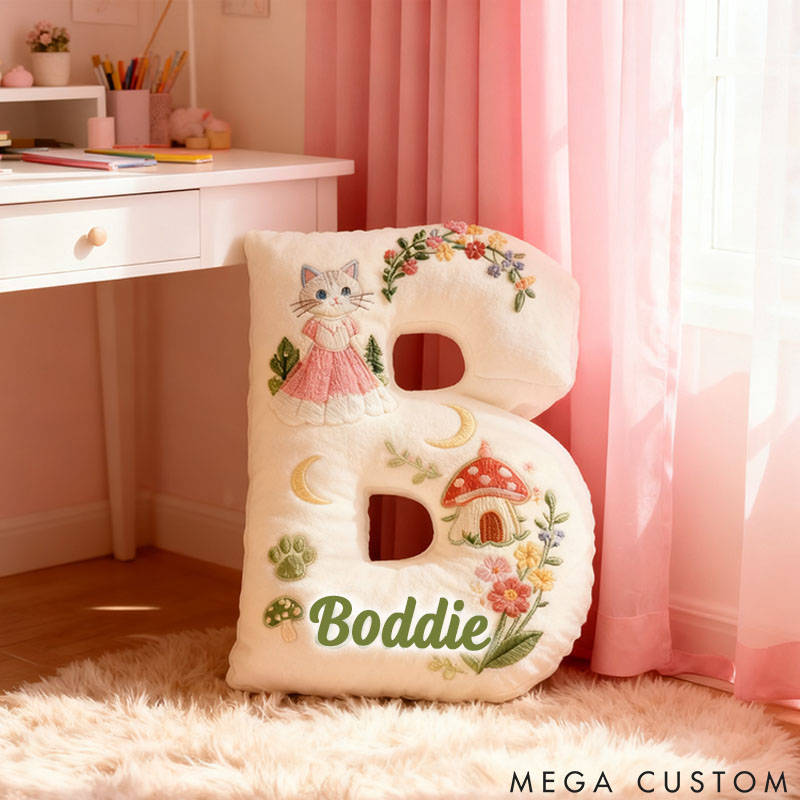 Personalized Cat Lover Mushroom House Forest Flower Letter Pillow with Custom Name Pillow for Kid Graphic 3D Print
