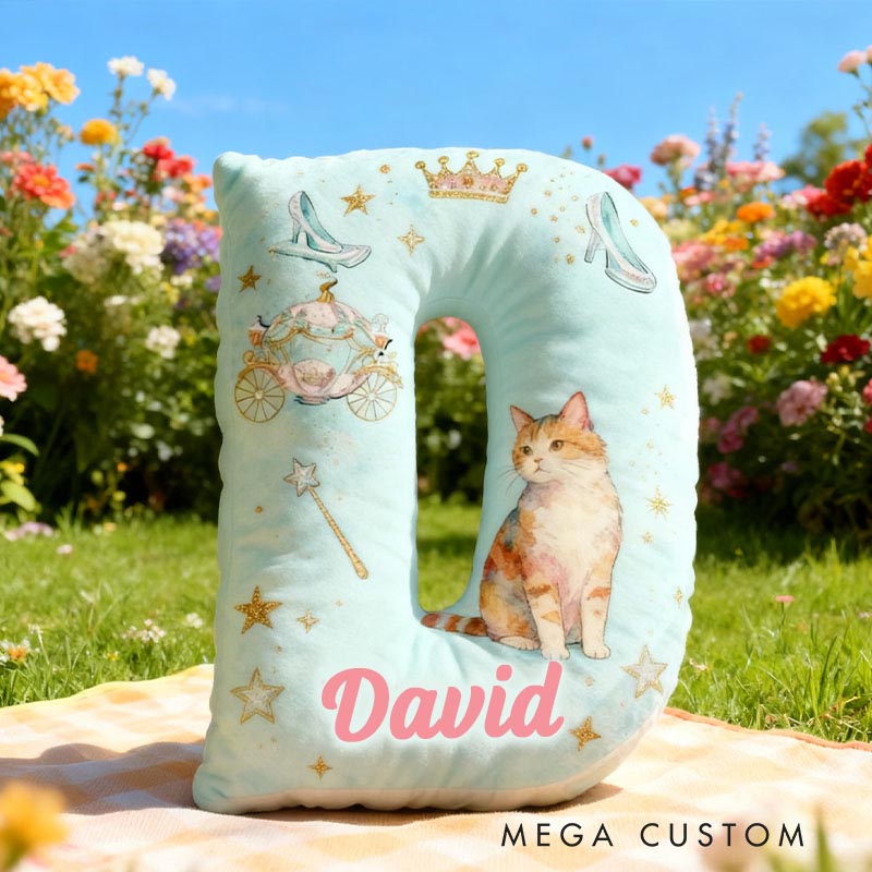 Personalized Cat Lover Crown Crystal Shoes Pumpkin Carriage Letter Pillow with Custom Name Graphic 3D Print