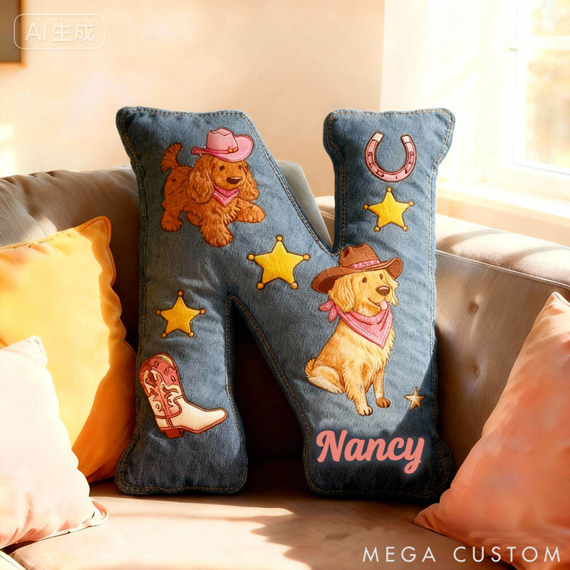 Personalized Dog Lover Cowboy Star Dog Letter Pillow with Custom Name Graphic 3D Print
