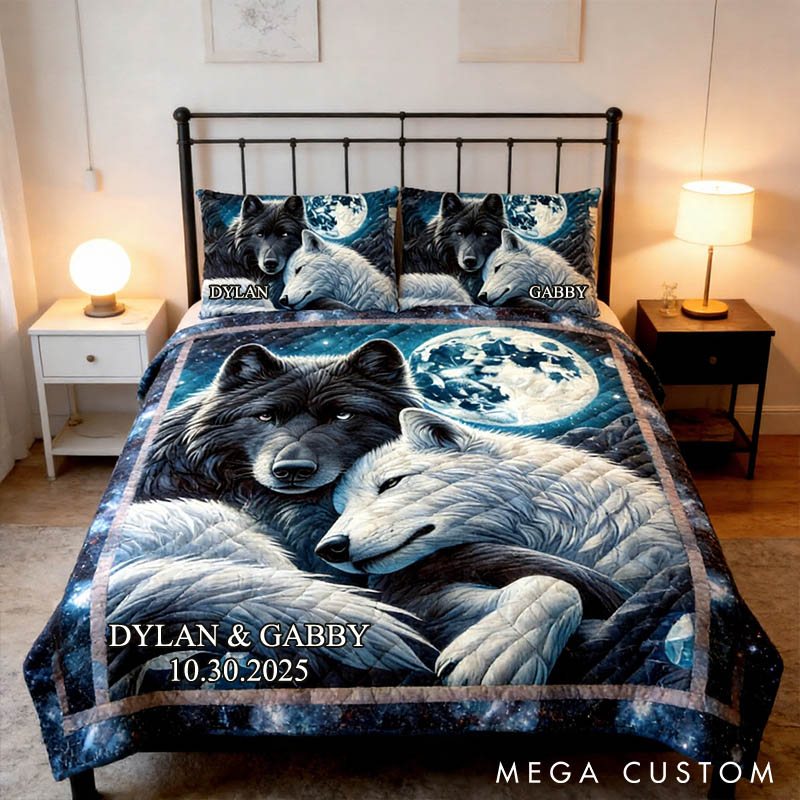 Personalized Couple Wolf Bed Set Custom Forest Moon Wolf Couple Graphic 3D Printed Bedding Decor with Name Anniversary Valentines Day Gift for Her Him