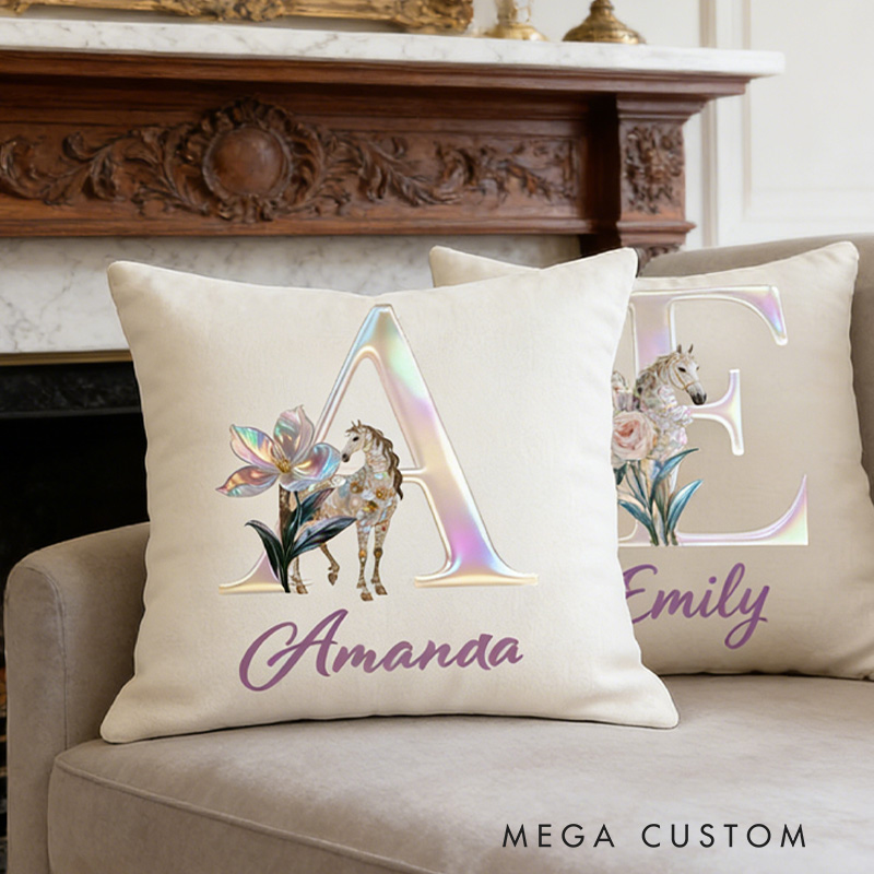 Personalized Horse Riding Birth Flower Initial Throw Pillow Cover with Name Home Decor Birthday Anniversary Gift for Horse Owner Lover Riding Lovers Equestrian Lovers