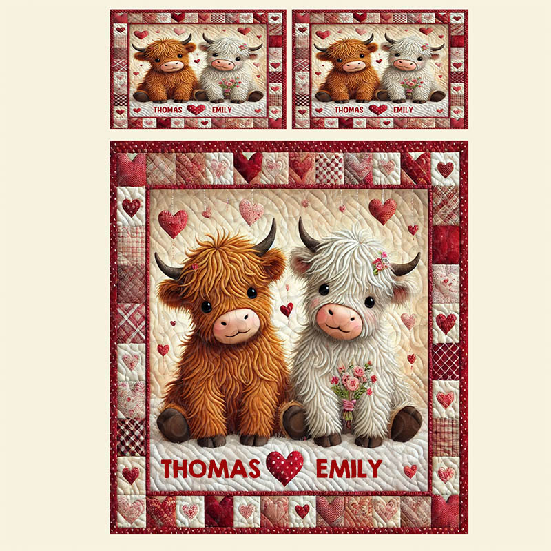 Personalized Couple Highland Cow Bed Set Custom Couple Valentines Day Graphic 3D Printed Bedding Decor with Name Anniversary Gift for Her Him