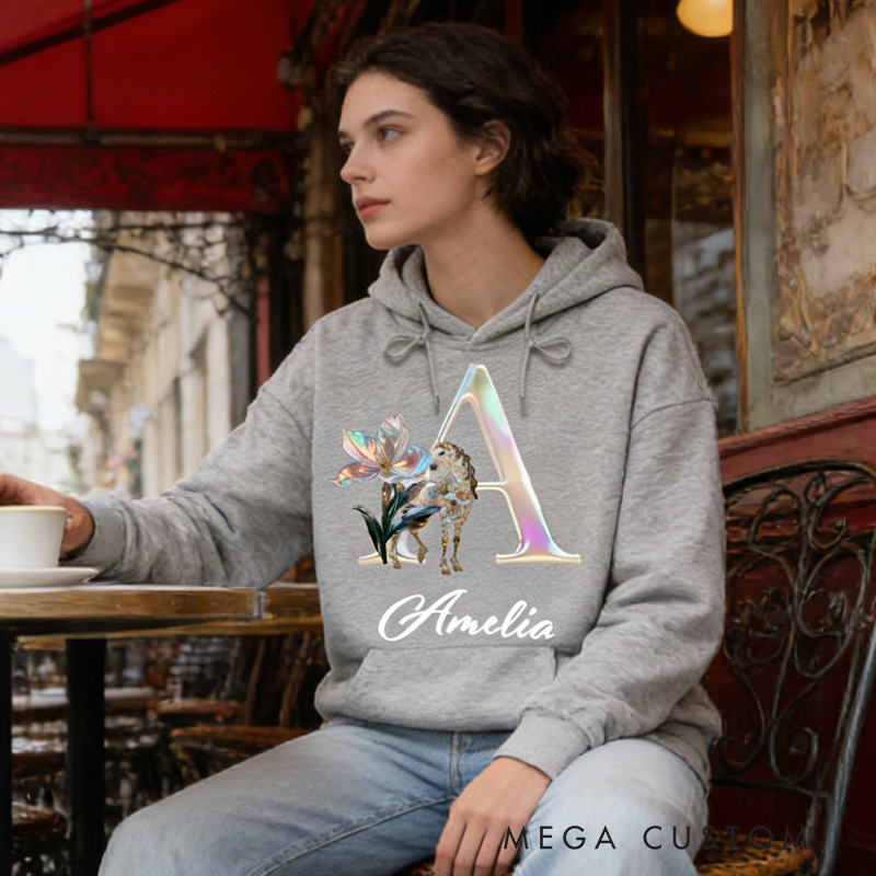 Personalized Horse Riding Birth Flower Initial Hoodie with Name Birthday Gift Sweatshirt for Horse Lovers Riding Lovers Equestrian Lovers