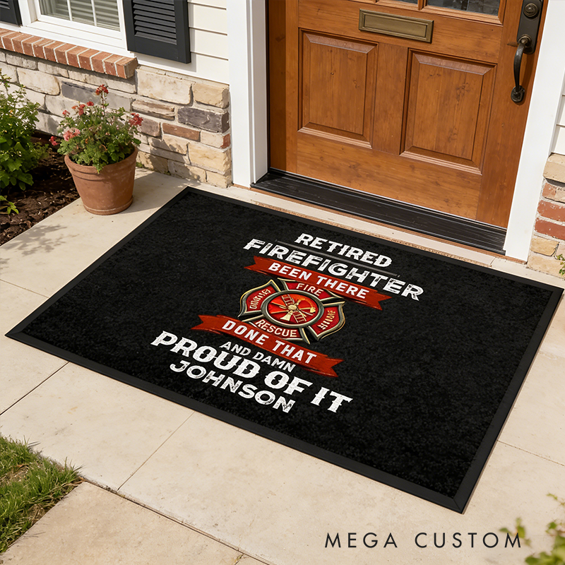 Personalized Retired Firefighter Door Mat Custom Name Front Entrance Rug Gift for Firefighters and Veterans
