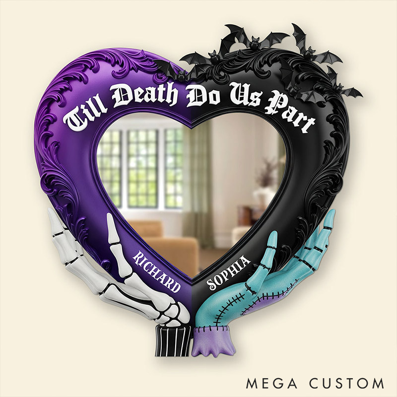 Personalized Couple Spooky Till Death Do Us Part Mirror Custom Heart Shaped Graphic 3D Printed Mirror with Name Valentines Day Anniversary Gift
