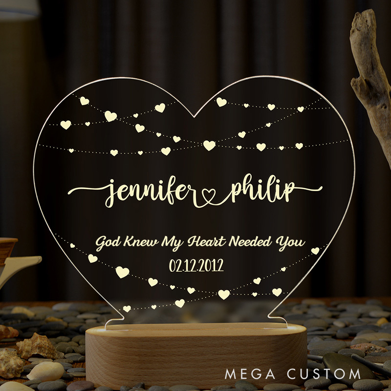 Personalized God Knew My Heart Needed You LED Night Light with Name & Date Heart Shaped Lamp Valentines Day Gift Anniversary Gift for Couple