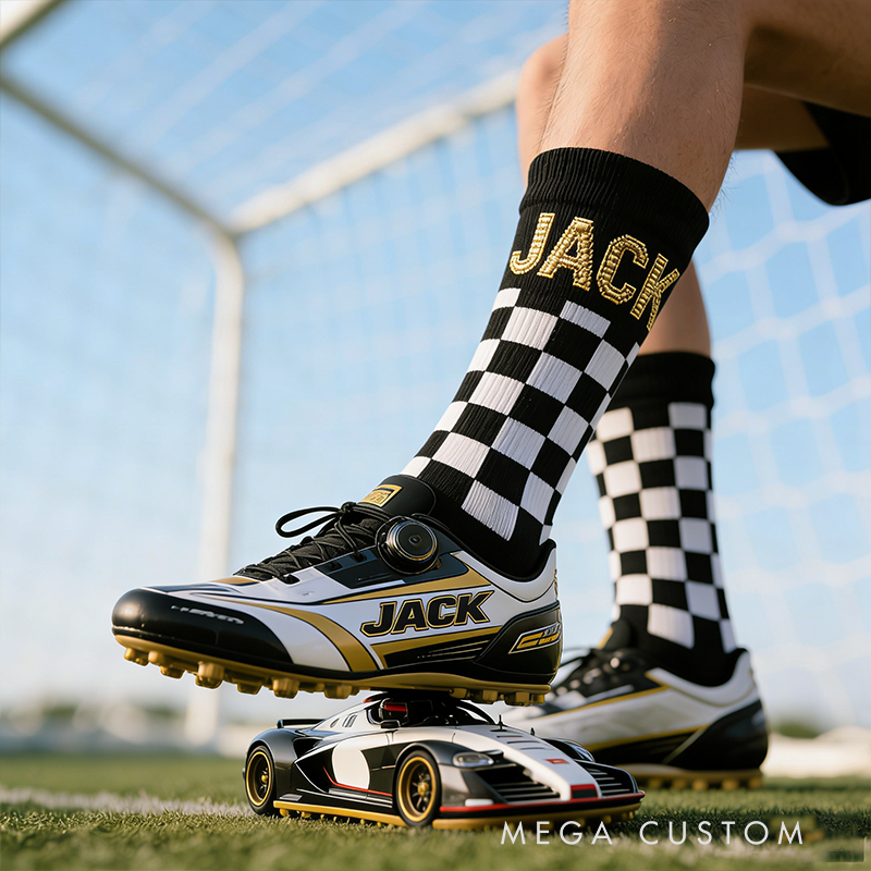 Personalized Racing Checkered Flag Socks Custom Name Sports Socks Gift for Race Car Drivers and Motorsport Fans