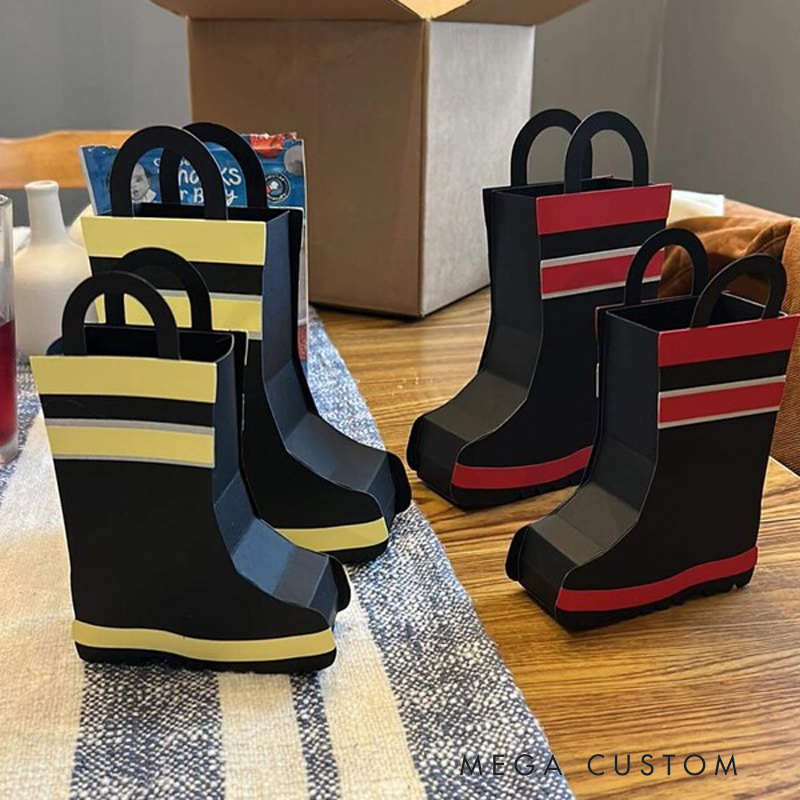 Personalized Firefighter Boot Gift Box - 3D Papercraft Treat Box for Kids, Fireman Themed Party Favors, Birthday Gift Packaging for Firefighter Lovers