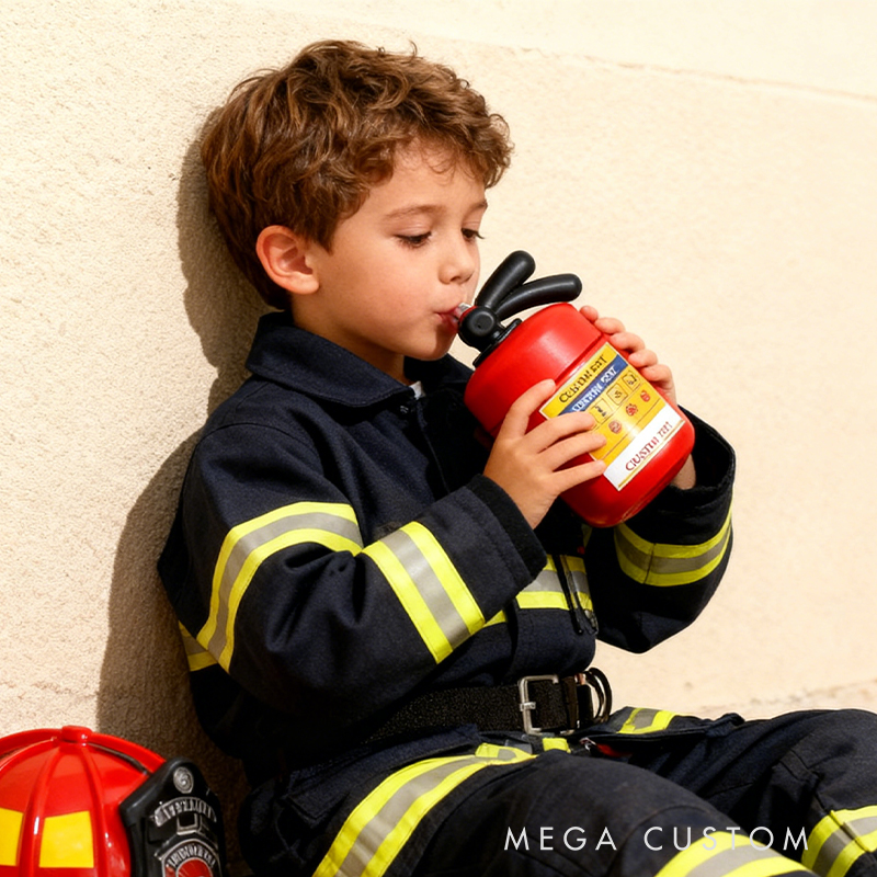Personalized Custom Fire Extinguisher Shaped Straw Cup - Novelty Kids Water Bottle, Personalized Text Reusable Tumbler, Fun Firefighter Themed Drinkware for Boys/Girls