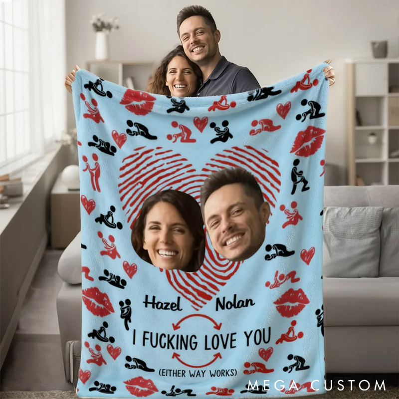 Personalized Couple Photos Heart Fingerprint Kiss Blanket Custom I Fxxking Love You Multicolor Blanket Anniversary Valentines Day Gift for Him Her