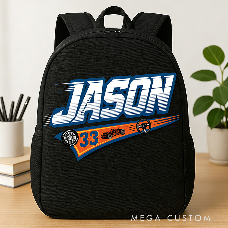 Personalized Racing Backpack Custom Name and Number School Bag Gift for Car Lovers and Motorsport Fans