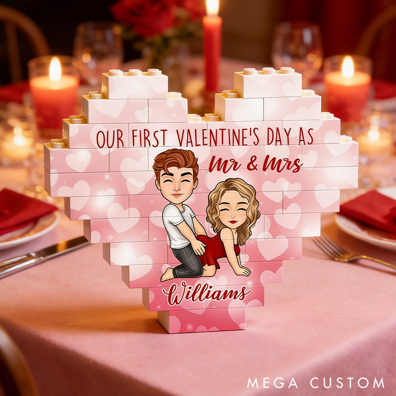Personalized Valentine's Couple Heart Building Block Puzzle Custom Cartoon Couple Heart Plaque Valentine's Day Anniversary Gift for Couple