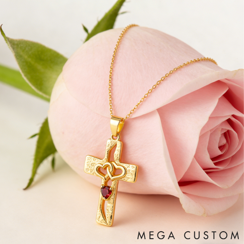 Personalized Sterling Silver Cross Interlocking Hearts Name and Birthstone Necklace