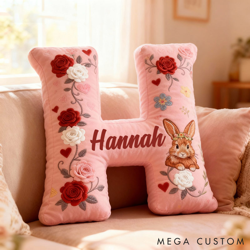 Personalized Girl friend Rose Pink 3D Printed Rabbit Pillow Custom Name Cushion Valentine's Gift for Her Christmas Gift for Flower girl